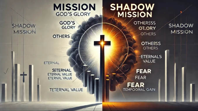 DALL·E 2025-01-26 23.40.58 - A visually striking diagram contrasting 'Mission' and 'Shadow Mission' in a modern minimalistic design. On the left, under 'Mission,' depict a glowing